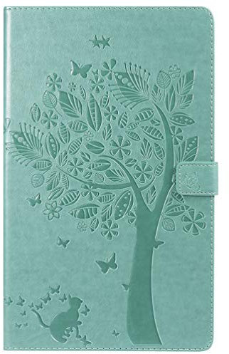 LingDan Protective Cover for Amazon Fire HD 10 2017/2015 (10.1 Inch) Tablet PU Leather Cover Embossing Tree and cat Pattern with Built Stand and Magnetic Closure Wallet Flip Folio Case, Green