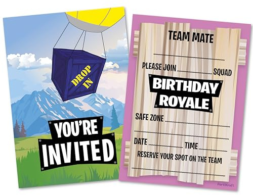 PartiKraft 12 x Fort Building Battle Style Birthday Royale Party Invitations & Blue Envelopes - Gamer/Gaming/Computer Game (Invitations & Envelopes)