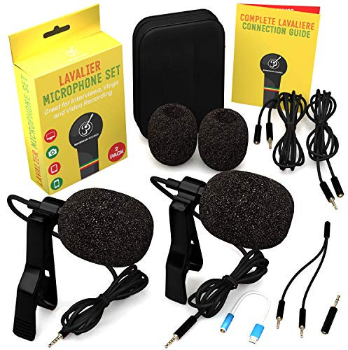 Lavalier Microphone 2 Pack Bundle - Omnidirectional Lapel Mic with Clip-On Suitable for iPhone, Android, Samsung, GoPro, DSLR - Professional Lapel Mic for YouTube and Vlogging