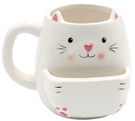 Dekohelden24 Tazza da caffè con scomparto per biscotti in ceramica, motivo: gatto, dimensioni: ca. 10 x 7 cm, capacità: 300 ml, bianco, 10 cm