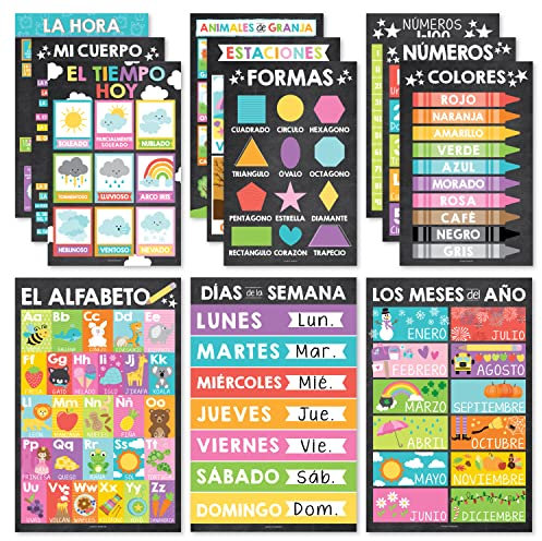 12 bunte Spanisch-Poster für Klassenzimmer-Dekorationen für Vorschullehrer – Spanisch-Klassenzimmer-Poster, elementar, pädagogische Poster, zweisprachiges Lernen Spanisch für Kinder