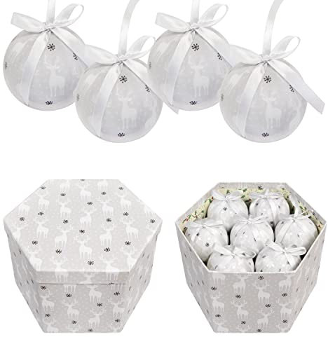 The Christmas Workshop Set of 14 Christmas Baubles/Various Festive Designs/Gift Boxed Christmas Tree Decorations / 7.5cm Diameter Baubles (White & Silver Reindeer)