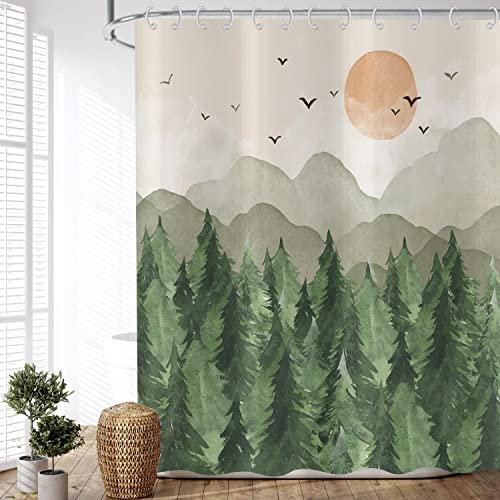 ASDCXZ Duschvorhang Wald 180x200 cm, Asiatische Chinesische Malerei Aquarell Grün Hölzer Peak Vogel Waschbar Duschvorhänge Polyester Textil Wasserdicht Duschvorhang für Badewanne mit 12 Haken