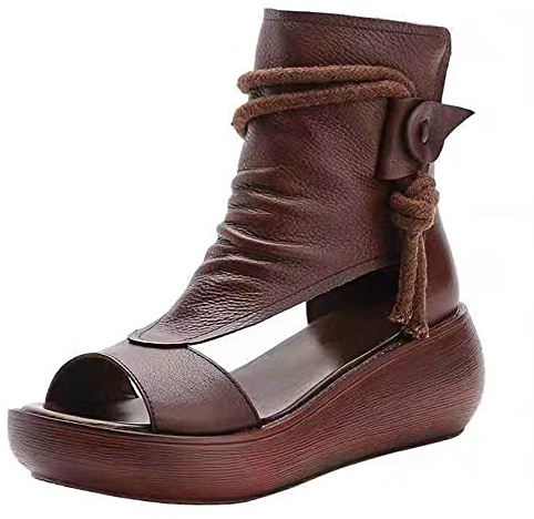Sandali Alti in Pelle Donna, Piattaforma Estiva Stivali Casual Punta Aperta con Bocca Pesce Vintage, Sandali con Zeppa grossi Scarpe comode Spiaggia Stile Romano Donna,Marrone,37.5 EU