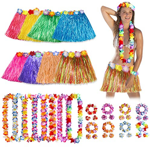 40 Stück Hawaii Party Kostüme Set, Grass Rock Set,mit Hawaiian Hula, Blume Stirnband, Blumen Armband, Halskette Girlande für Frauen Sommer Strand Tropische Party Dekoration