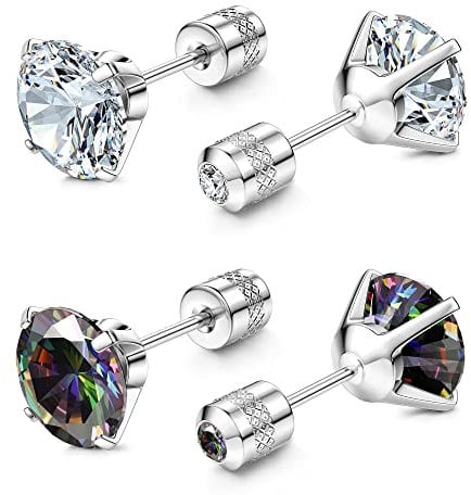 FIOROYAL 2 Pairs 𝐆𝟐𝟑 𝐓𝐢𝐭𝐚𝐧𝐢𝐮𝐦 Stud Earrings for Men Women Hypoallergenic G23 Implant Grade Titanium Earrings for Sensitive Ears Cubic Zirconia Screw Back Earrings Stud 3mm/4mm/5mm/6mm (6MM)