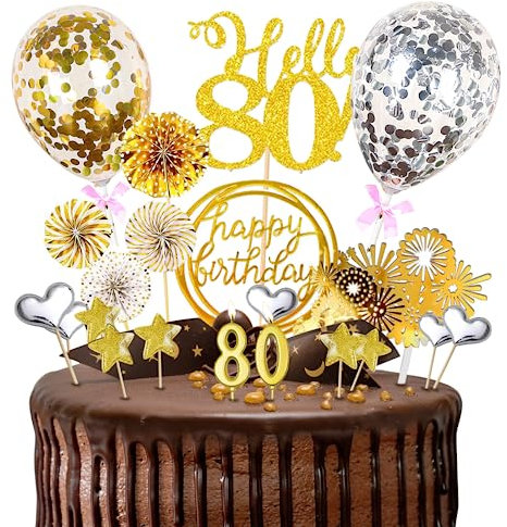 80.Geburtstagstorte Topper Probuk 24 Stücke Gold Glitter Happy Birthday Kuchendeko mit Geburtstagskerzen,Sternen,Konfetti-Luftballons und Papierfächer,Partydekoration für Geburtstags/Hauspartys