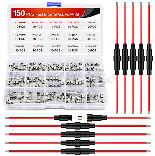 Nilight 150PCS Fast Blow Glass Fuses with 10PCS 5x20mm Inline Holder Screw Type16AWG 250V 0.1A 0.2A 0.25A 0.5A 1A 1.5A 2A 3A 4A 5A 8A 10A 12A 15A 20A Tube Fuse Assortment