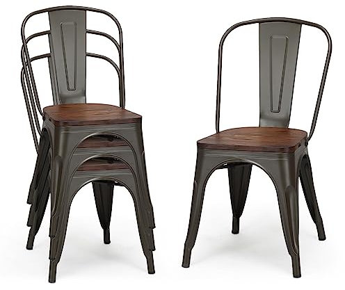 GIANTEX 4er Set Esszimmerstühle stapelbar, Küchenstühle Essstühle mit Rückenlehne, Wohnzimmerstühle Retro, Stühle Holzstuhl Stahlgestell & Massiv Ulmenholz, bis 150kg belastbar (Braun)