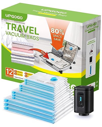 UPGOGO Combo 12 Pack Travel Vacuum Bags with Portable Electric Pump, Space Saver Vacuum Storage Bags, Travel Essentials