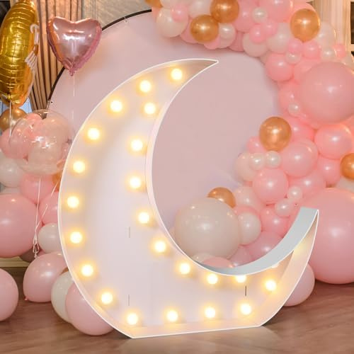 Maxcheck Marquee Moon Shape Large Light up Decoration, 4ft Moon Balloon Frame with Bulb Light String Foam Moon Mosaic Marquee Signs for Eid Birthday Engagement Baby Shower Party Decorations