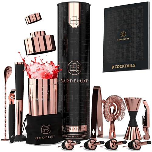 BarDeluxe® Kit Cocktail, 12 Pièces, Kit Cocktail Professionnel | Shaker Cocktail 750ml, Acier Inoxydable | Cocktail Shaker Kit, Kit Barman, Cocktail Kit | Set de Cocktail (Or Rose)