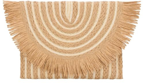 Fecialy Damen-Clutch mit Fransen aus Stroh, Umschlag, Sommer, Strand, gewebte Clutch-Handtaschen, aprikose