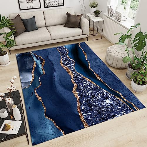 WTVBHF Abstrakter Blauer Marmor-Kies-Textur-Teppich, Luxuriöser, Modischer Kristall-Goldfolien-Kunstdekorationsteppich, Weich Und rutschfest, Geeignet Für Wohnzimmer, Esszimmer, Wohnung-100x140cm
