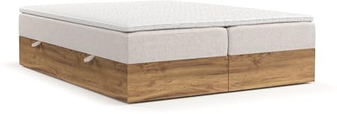 maison de reve - Boxspringbett FARO 200x200 cm, mit Bettkasten, H3 Taschen Matratze (20 cm hoch), PU-Topper mit Algae Bezug, Webstoff, Hellbraun Farbe