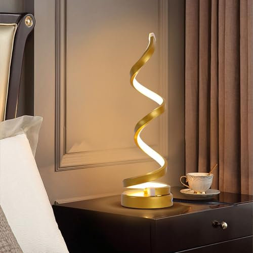 Mengjay LED Spiral Tischlampe,Nachttischlampe mit 3 Farbtemperatur,Gebogene LED-Tischlampe Augenschutz Schreibtischlampe,Modern Nachttischlampe Nachtlicht für Kinder Schlafzimmer Wohnzimmer (Gold)