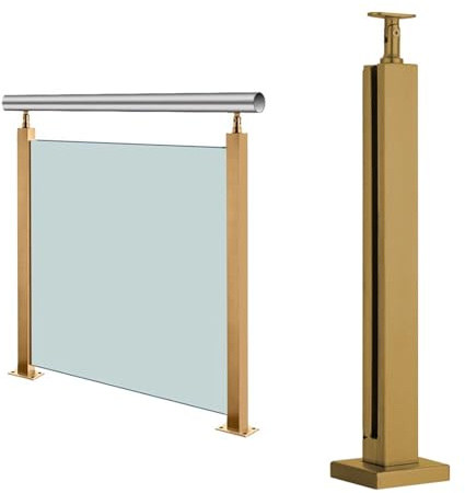 Glasgeländer Pfosten Geländer Gold Glas Geländerpfosten, Edelstahl-Geländerpfosten aus Glas für Terrassentreppen Balkon, Glasgeländer Paneele Klemme Handlauf Version hinzufügen(Color:End Post,Size:H10