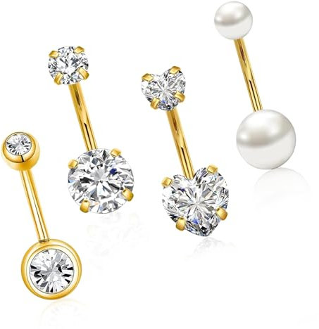 4 Stück Bauchnabelpiercing,Bauchnabelpiercing Chirurgenstahl 10mm Silber Gold , Herz Piercing Bauchnabel ,Fake Bauchnabelpiercing,Perle Diamant Bauchpiercing, Nabelpiercing Schmuck für Damen Herren