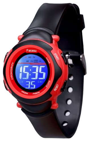 Facasu Kinderuhr Digital für Mädchen Jungen, wasserdichte,Bunt Light,Outdoor Sport Uhren, Einfaches Ablesen Einstellen der Uhrzeit mit Stoppwatch Alarm für Kinder im Alter von 4–15 Jahren (Schwarz)