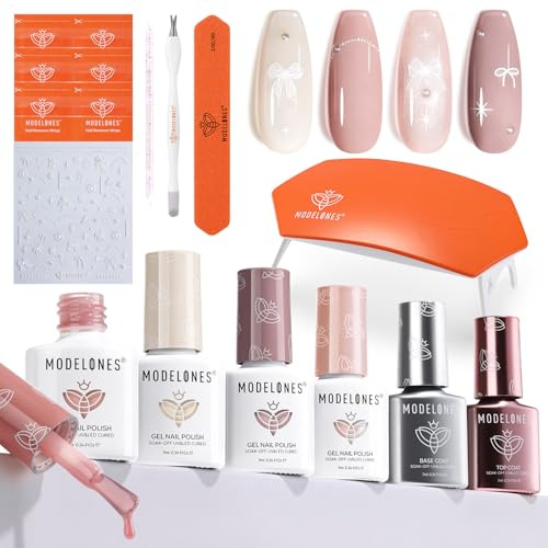 Modelones UV Nagellack Set,Starterset mit Lampe 4 Farben Gel Nagellack Set mit Base Coat und Top Coat Glitzer Rosa Gelnägel Maniküre Set Komplett