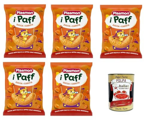 Plasmon Snack i Paff Kürbis und Karotten 15gr 5 Packungen Snacks, nicht frittiert und ohne Salzzusatz, perfekt für die kleinen Hände Ihres Kindes + Italian Gourmet polpa 400g
