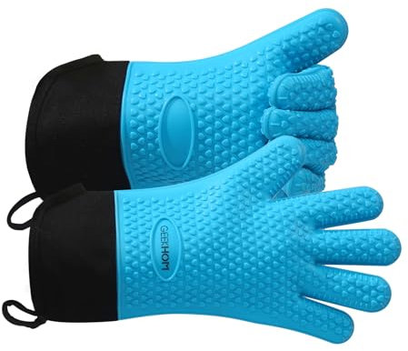 GEEKHOM Silicone BBQ Gloves X-Large, Heat Resistant Kitchen Oven Mitts, Waterproof Oven Gloves, BBQ Grill Accessories for Baking, Fryer, Smoker, Weber, Microwave, Non-Slip Oil Resistant, Blue