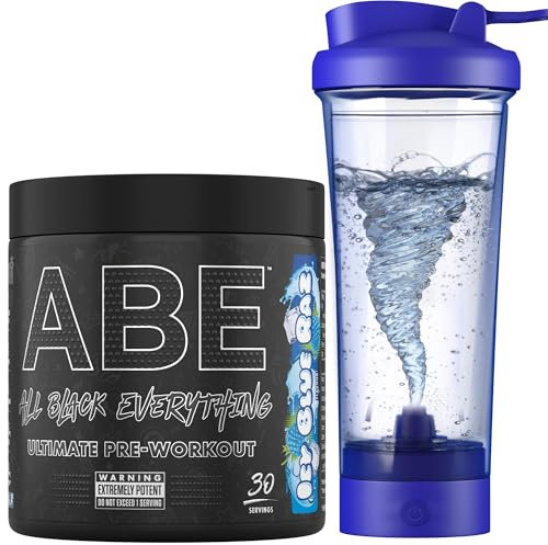 Applied Nutrition Bundle ABE Pre Workout 375g + Electric Shaker | All Black Everything Pre Workout Powder, Energy Drink, Physical Performance, Creatine, Beta Alanine, Caffeine (ICY Blue Raz)