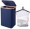 Woodluv Large Collapsible Foldable Laundry Hamper Basket with Lid & Removable Liner, Tall Laundry Hamper with Lid for Dirty Cloth Toys Towels - Navy Blue