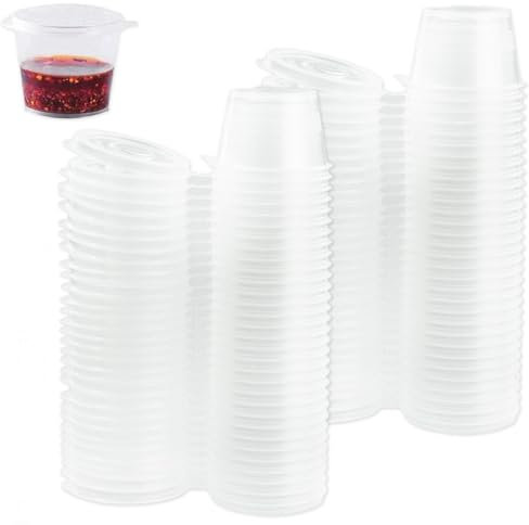 RESTALLADNWEST 100 Pcs Small Plastic Pots with Lids, Reusable Mini Takeaway Pots for Deli, Portion Control, Jelly Shots, Sauce Cups, Condiments, Meal Prep (1oz)