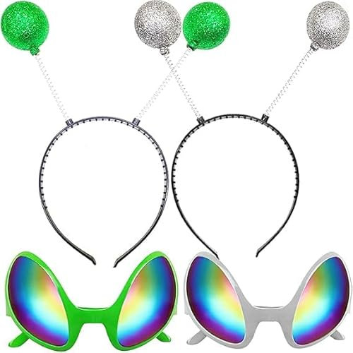 XINDY 4 Stück Alien Haarreif Alien Brille Grün Silber Haarreif Alien Fühler Haarreif Karneval Accessoire Fasching Kopfschmuck Damen Herren Kinder Alien Kostüm Damen Space Girl Kostüm Weltall Kostüm