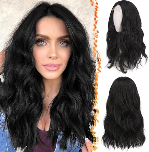 BARSDAR Gewellt Perücke Schwarz, 46cm Mittel Lange Perücke Mittelscheitel Gewellt Haar Hitzebeständig Natürlich Synthetisches Schulter Länge Perücken für Frauen - Natürlich Schwarz