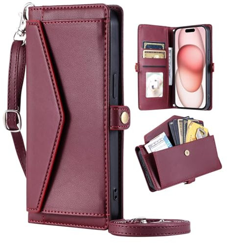 WOWUDI für Huawei P20 Lite 2019/Nova 5i Hülle Mit Band,Flip Leder Geldborse Handyhülle,[Magnetisch Knopf][Großer Kartenfach [Standfunktion],Klapphülle Schutzhülle Handyhülle - Rot