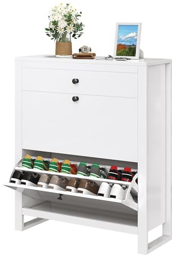 YITAHOME Schuhschrank für Flur, weißer Schuhkipper mit 2 Klapptüren und oberer Schublade, verstellbares Regal Schuhschrank für Flur, Eingangsbereich, 83 x 25 x 98 cm