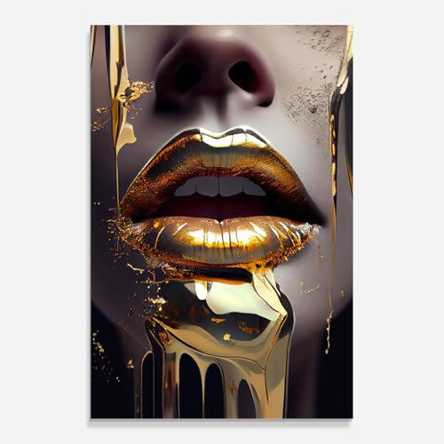 ARTHUB® Glasbild 80x120 cm, 5mm ESG | Moderne Wandbilder aus Glas für Wohnzimmer & Schlafzimmer, Wanddekoration, Wohnkultur, Frauen, Glamorous Gold Lips