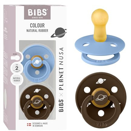 BIBS Colour Planet Nusa Schnuller 2er-Pack, BPA-frei, Kirschform Nippel. Naturkautschuk/Latex, Hergestellt in Dänemark, Größe 2 (6-18 Monate), Sky Blue Mix