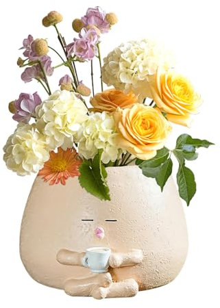 KBIBCK Cute Plant Pot, Face Plant Pot with Drinking Tea Posture, Funny PlantPot, Succulent PlantPot with Drainage Hole, Flower Pots Creative Face Planter for Home Decoration, Unique Plant Lover Gift