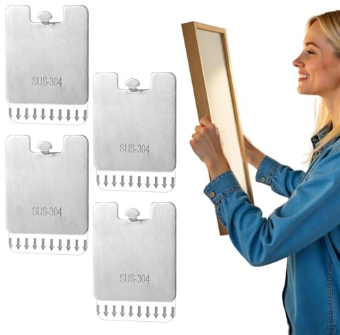 BOXOB 4pcs Picture Frame Hanging Hooks & 4 Adhesive Strips, Free Hanging Metal Paint Hanging Hooks Kit Picture Hangers Tool Without Nails, No Damage to Wall