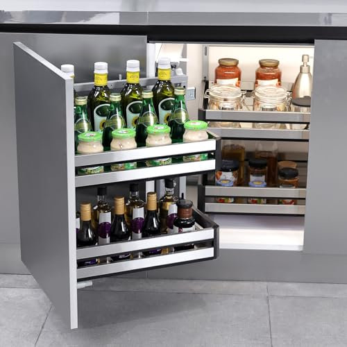 Warmiehomy Blind Corner Pull Out Kitchen Storage 2 Tier Pull Out Cabinet Organiser with 4 Plate Baskets Soft Close Blind Corner Organizer for 900-1000mm Left Right Open Compatible