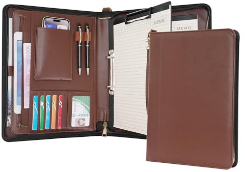 Wason Porte-documents A4 avec Fermeture Éclair - Padfolio en Cuir PU avec Classeur à Anneaux Détachable et Support Bloc-Notes, Organiseur Conférence Multi-Poches pour Bureau Voyage École(Café)