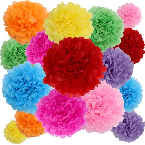 BestoFun 16 Stück Bunt Seidenpapier Pompoms Orange Rosa Pompons Deko Grün Gelb Blau Dekoration für Hochzeit Deko Tischdeko Geburtstagsdeko Gartenparty Karneval Deko