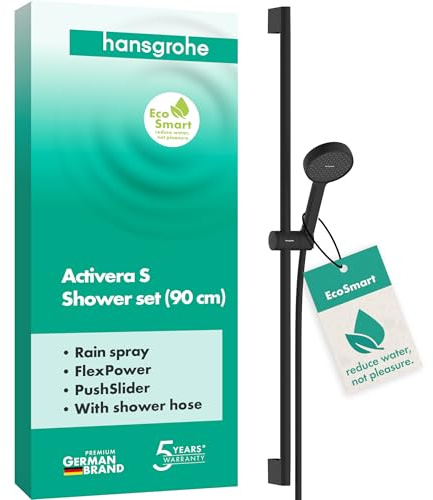 hansgrohe Activera S 28042670 Ensemble de douche à économie d'eau avec pommeau de douche EcoSmart, 1 flexible de douche 1,60 m et barre de douche 0,90 m Noir mat