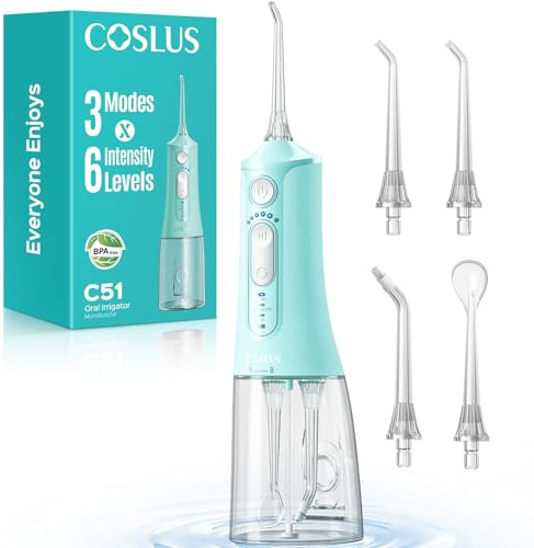 COSLUS Portable Water Flosser for Teeth: 3 Modes & 18 Pressure Settings with Jet Mode Water Dental Pick for Orthodontic, Braces, Sensitive Gums, Compact for Travel, 300ML for Multiple Users, Green C51
