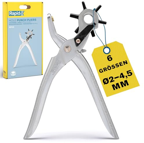 Rapid RP03 Pince perforatrice pour cuir - Perforatrice à courroie rotative multi-tailles (Ø2 à Ø4,5mm), pour cuir, textile et plastique - Construction métallique durable - (5001724)