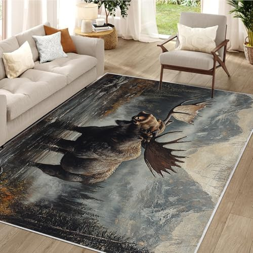 Waschbarer Kurzflor-Teppich 160x200 - Elch Wald Wildtiere Teppiche - Landhausstil Outdoor Dünn Saugfähig Carpet Für Wohnzimmer Schlafzimmer Jugendzimmer Jungen Mädchen Oder Als Bettvorleger QY15