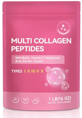 Collagen Peptides Pulver 454 g – Multi Kollagen Typ I II III V X mit Vitamin C, Biotin, Hyaluronsäure, Keratin & Elastin – Hydrolysiertes Kollagenpulver – Neutraler Geschmack