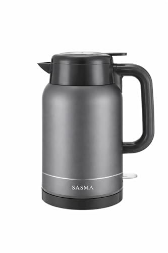 Sasma Home - 1.5L Vacuum Insulated Cordless Electric Kettle, 5 Layer Insulation Keep Water Hot for 6 hours, Highest Food Grade 316L Stainless Steel, Anti Spill Lock -1800W Strix Controller (Grey)