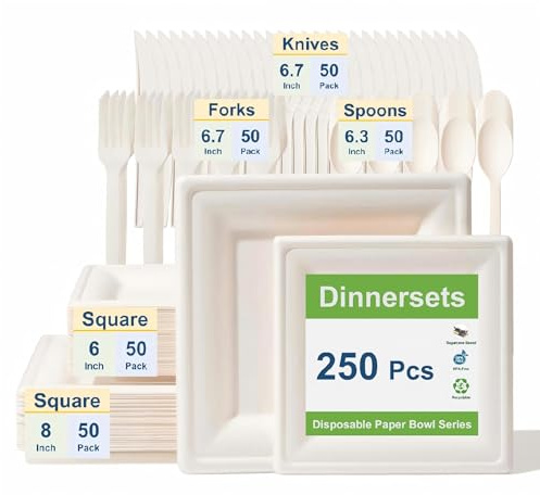 EcoHousing 250Pcs Square Paper Plate Sets for Dinner, Picnic or Party, Plant-Based Compostable DinnerSets, Biodegradable, Microwave Safe