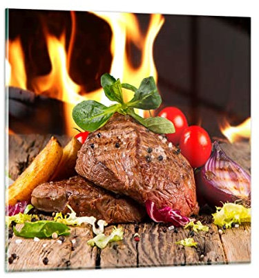 ARTTOR Wandbilder Dekoration Wohnzimmer Essen Holz Feuer Steak Bilder auf Glas 50x50cm Glasbild Schlafzimmer Küche Deko Wand Kunstdruck Art Klein Wanddeko Bild im Glas Modern Wall Decor GAC50x50-2825