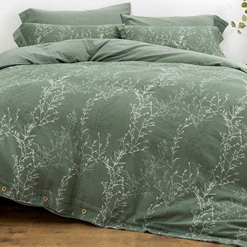 OREISE DCS-Style06 Bettwäsche-Set aus gewaschenem Baumwollgarn, Jacquard-Zweigmuster, Blumenmuster, 3-teiliges Set King Green and White Thin Branch