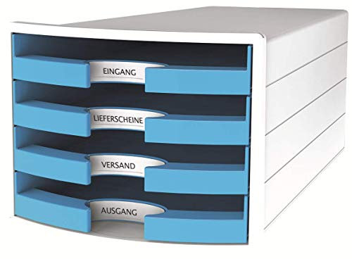 HAN Schubladenbox IMPULS 2.0 mit 4 offenen Schubladen für DIN A4/C4 inkl. Beschriftungsschilder, Auszugsperre, möbelschonende Gummifüße, Design in premium Qualität, 1013-54, weiß/hellblau